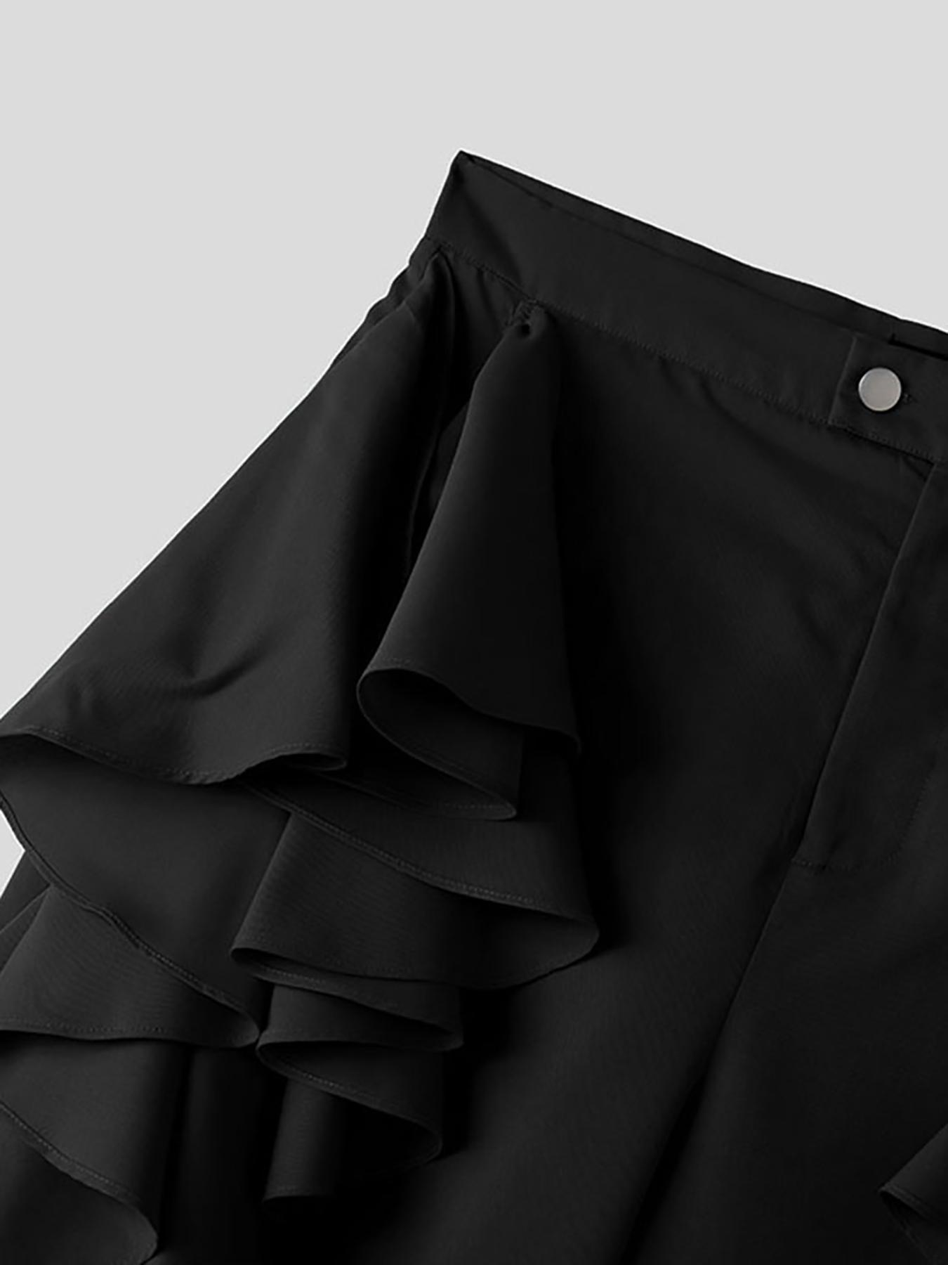 INCERUN Men's Fashion Frill Double Layer Solid Color Long Pants, Casual Button Trousers, Suitable for All Seasons Streetwear, Casual Wear, Comfortable and Stylish