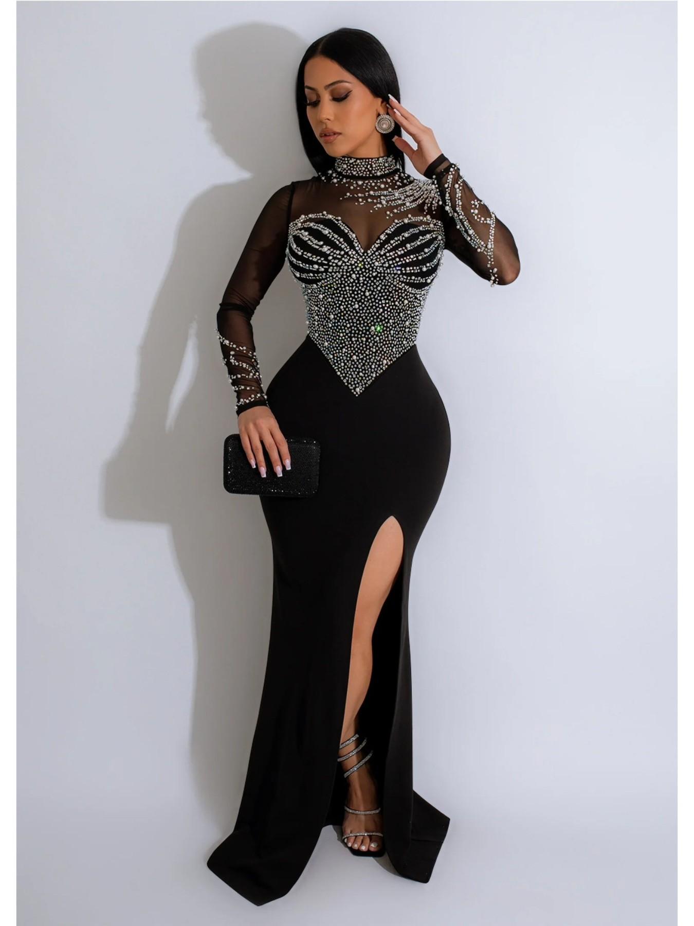 Women's Rhinestone Decor Contrast Mesh Split Thigh Bodycon Fit Cutout Slit Glitter Dress, Elegant Long Sleeve Stand Collar Formal Wear Evening Party Gown, Ladies Clothes for All Seasons
