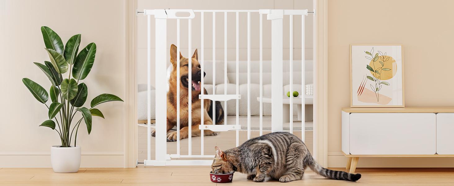 DWVO Extra Tall 55" High Metal Dog Gate with Cat Door, Auto Close Pet Gate Indoor for Stairs, Doorways, Baby Gate With Pet Door Dog Cat Child Safety Extra Wide Walk Thru Fence Guard