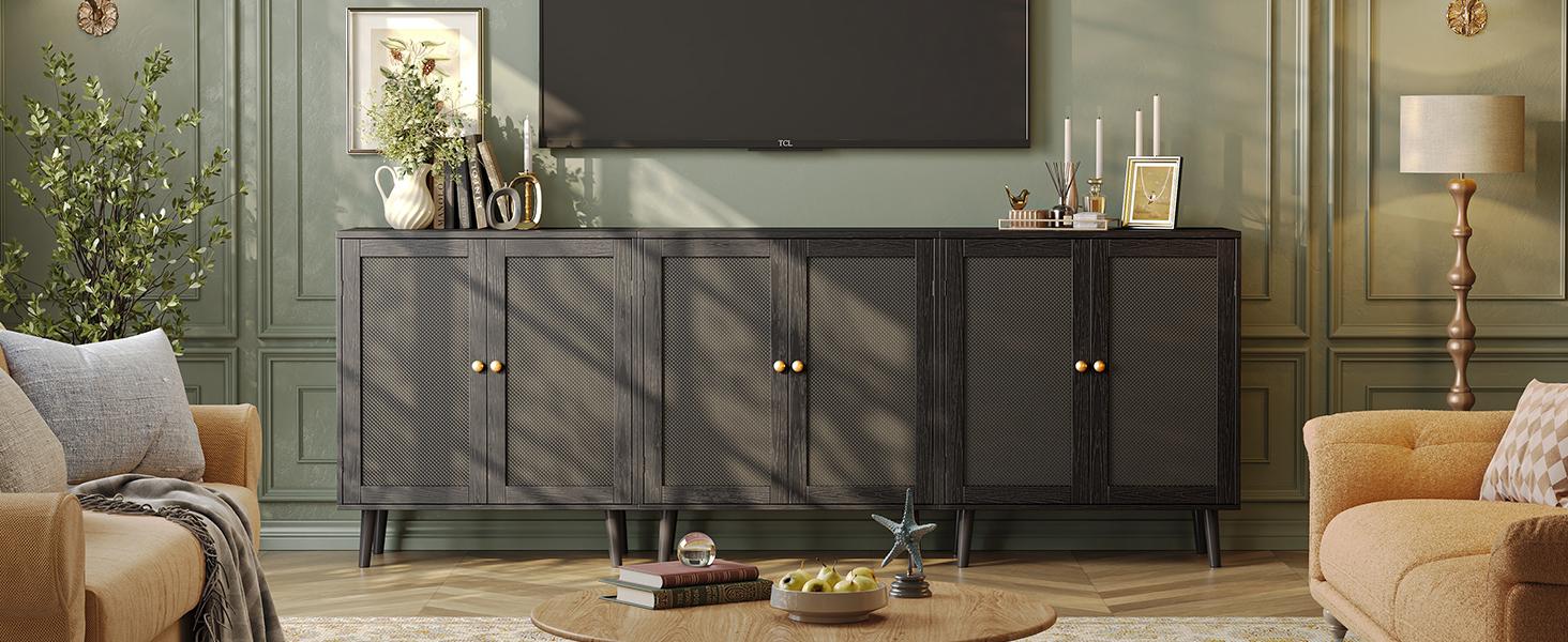 Huuger Buffet Cabinet with Storage, Storage Cabinet with PE Rattan Decor Doors, Media Console with Solid Wood Feet, Sideboard Cabinet for Hallway, Entry, Living Room