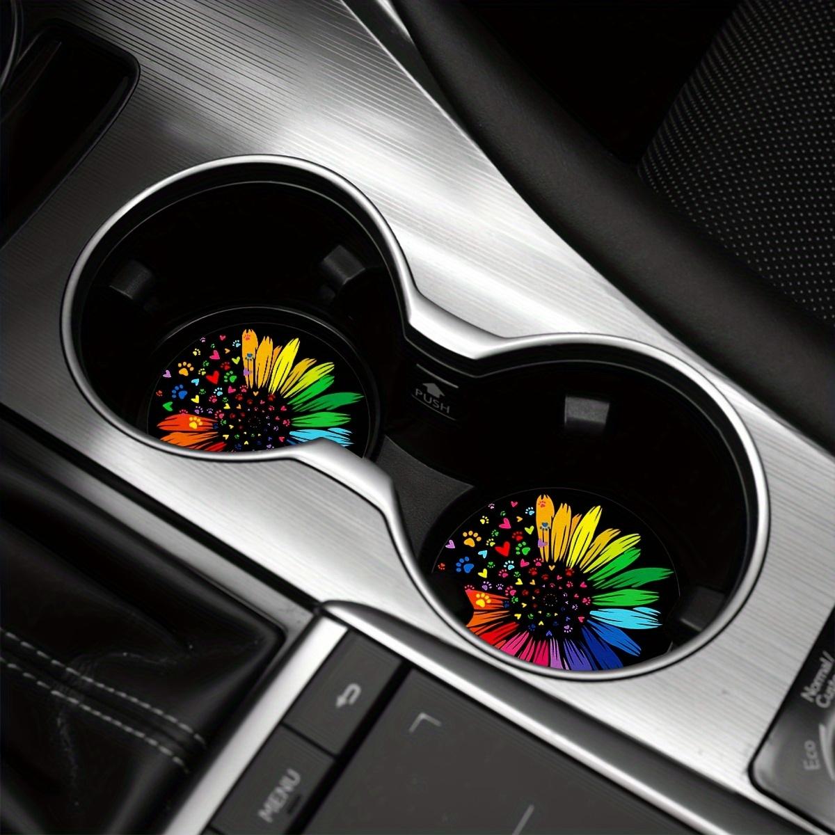 [Car Cup Coaster] 2pcs Colorful Sunflower Pattern Car Coaster, 2.755-inch Round Decorative Car Coaster, Home And Car Water Cup Mat, Beverage Mat, Men'S And Women'S Car Interior Accessories, Colorful Heart And Dog Claw Print Decorative Coaster