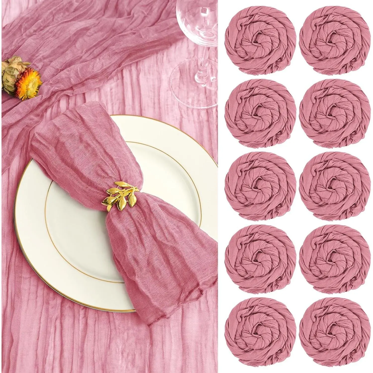 Dusty Rose 60-Pack 20x20 in Wrinkled Gauze Cheesecloth Napkins, Lightweight Breathable Soft Cotton Retro Tableware for Weddings, Happy Birthday Indoor Table Linens