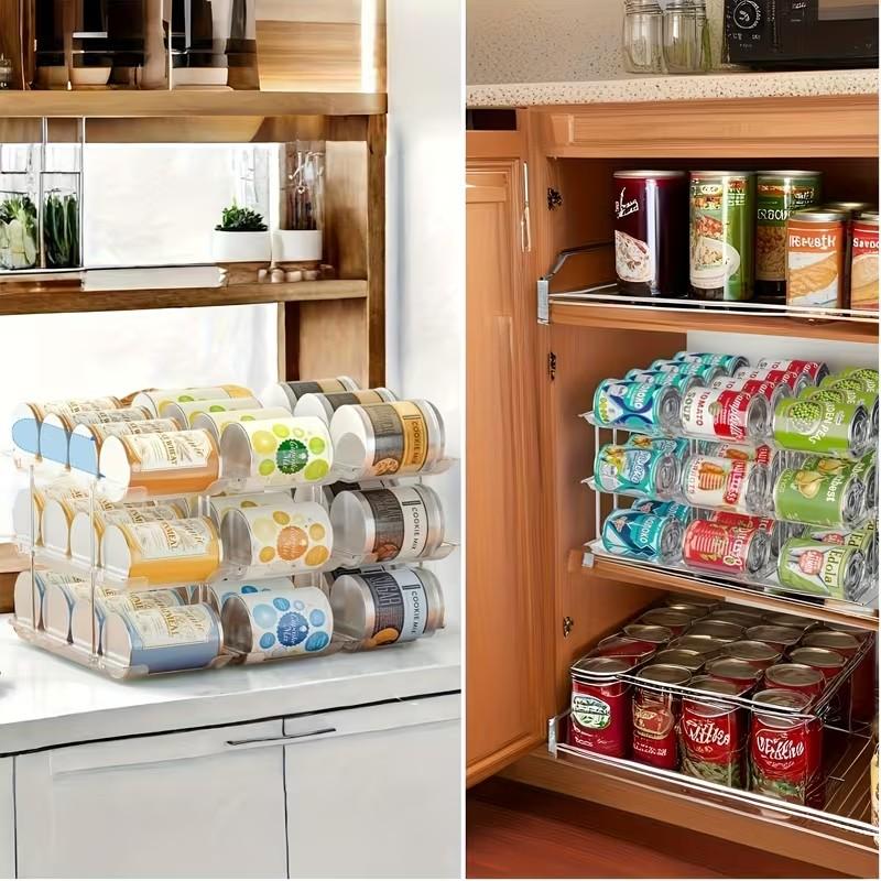 Large Capacity Can Organizing Rack for Food Storage, Transparent Plastic 2-Layer Rolling Soda Can Holder, Space Saving Food Organizer