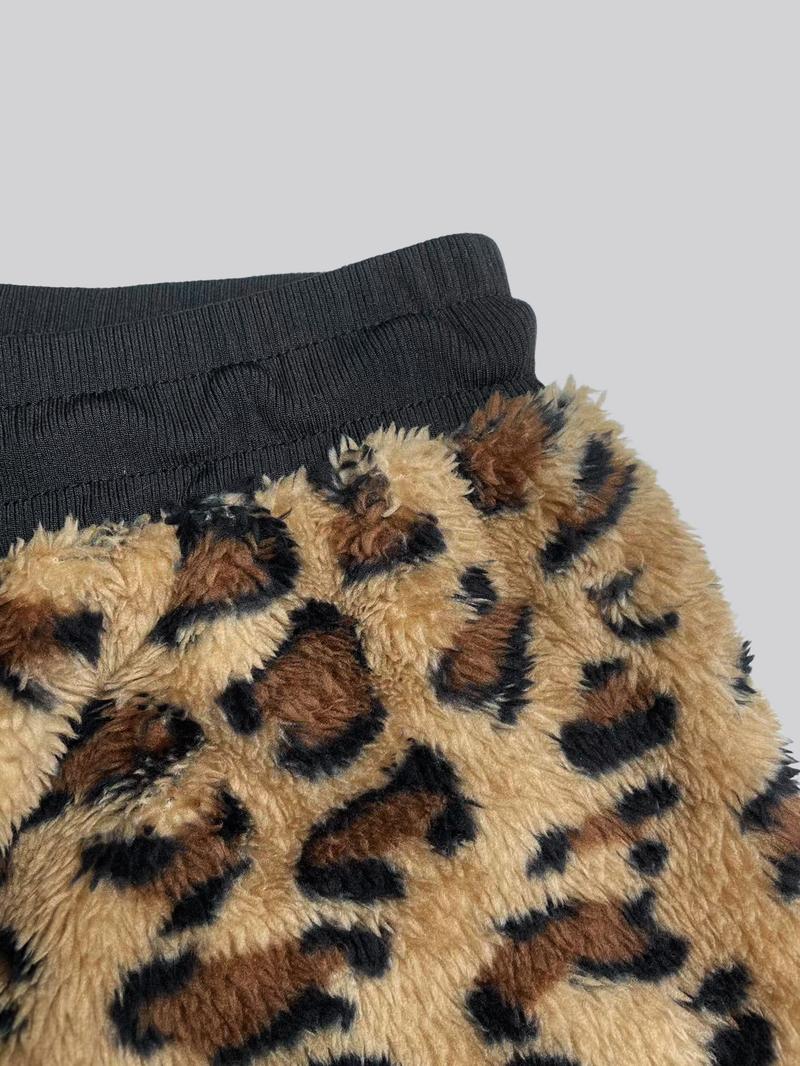 Women's Fall Winter Streetwear Casual Warm Leopard Print Patchwork Loose Wide Leg Pants, Vintage Style Daily Wear, Casual Lounge Pants