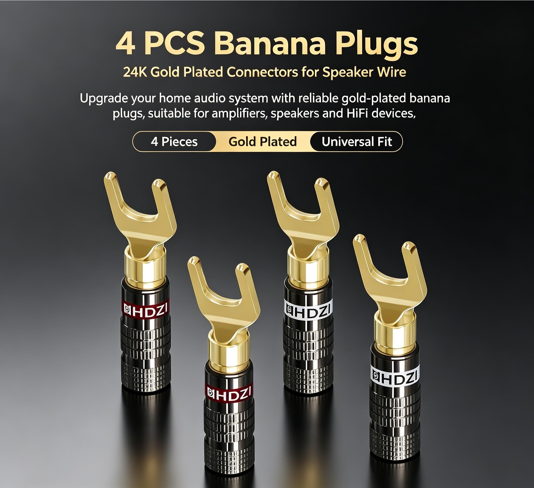 24k Gold Plated Y-Type Audio Banana Plug, High Conductivity, Secure Connection, Ideal for Amplifiers, Hi-Fi Systems, Home Theater