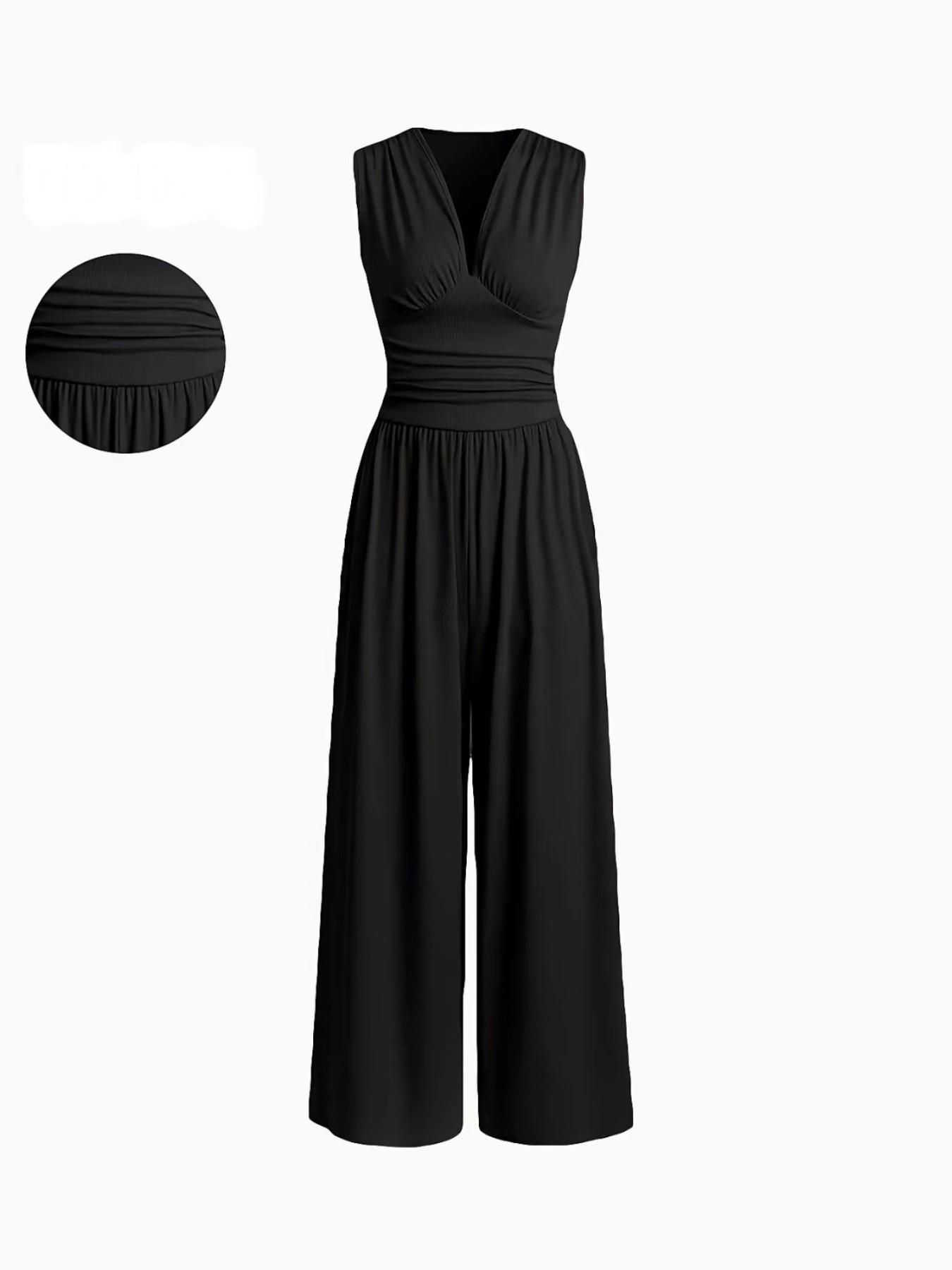 Women's Plain Ruched Deep V Neck Wide Leg Jumpsuit, Sleeveless Ribbed Jumpsuit for Daily Wear, Ladies Clothes for All Seasons, Casual Basic Jumpsuit, Casual Jumpsuits
