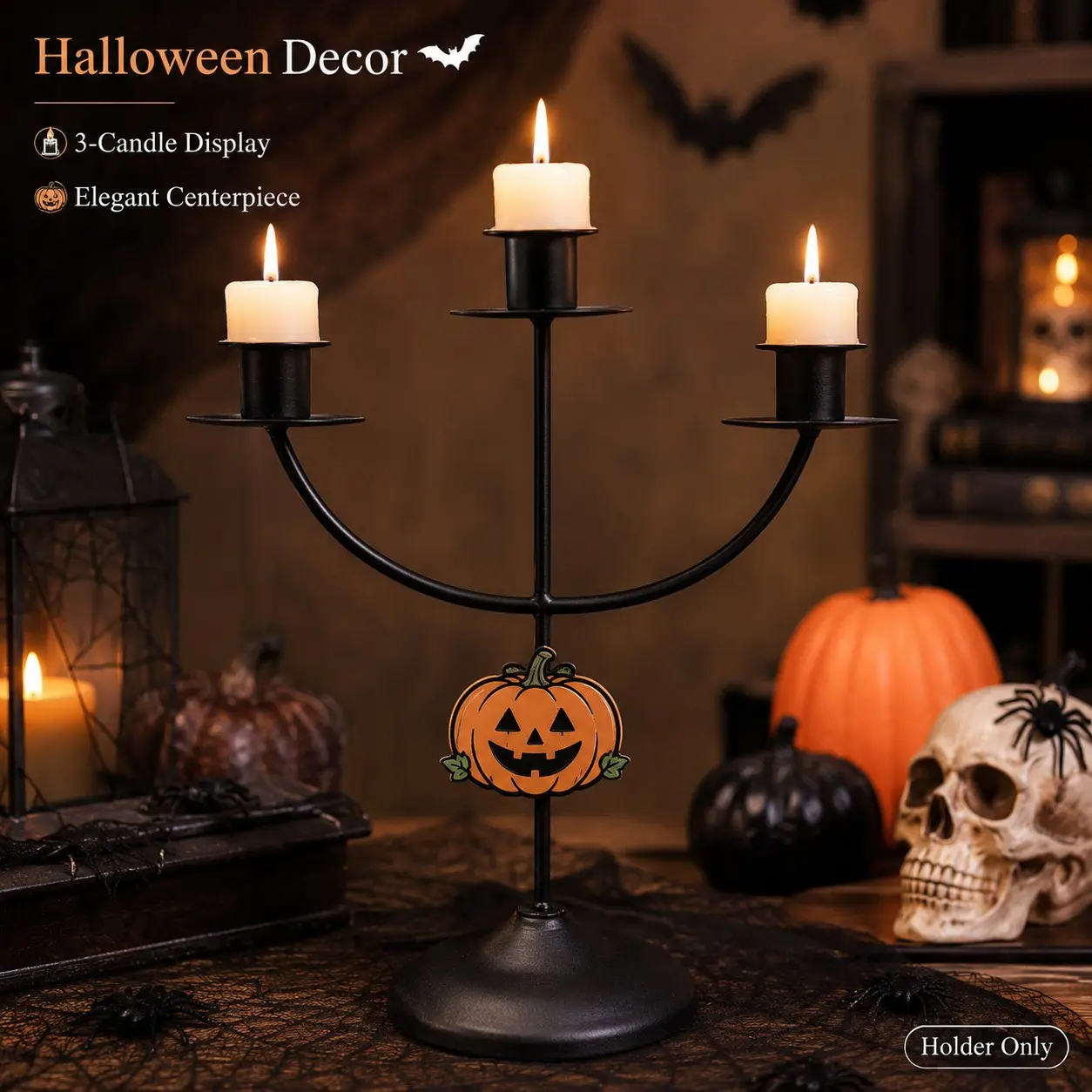 1 Piece Halloween Vintage Pumpkin Black Iron Three Arm Candle Holder for Home Party Dining Table Mantel Entryway Decor Stable Base Gothic Style Fits Multiple Pillar Candles