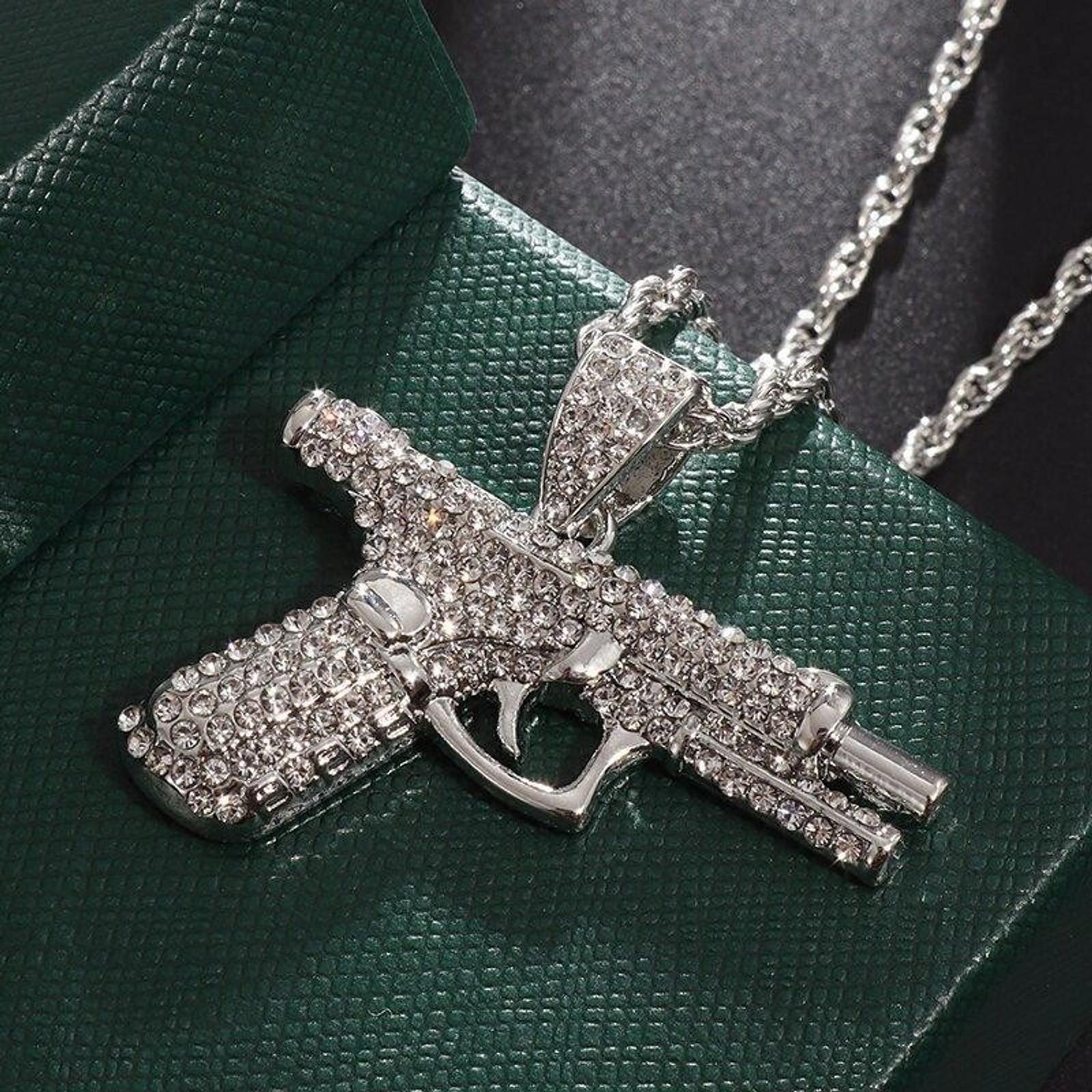 Men's Iced Out Cuban Link Chain with Rhinestone Pistol Pendant, Hip Hop Bling Necklace for Daily Casual Wear