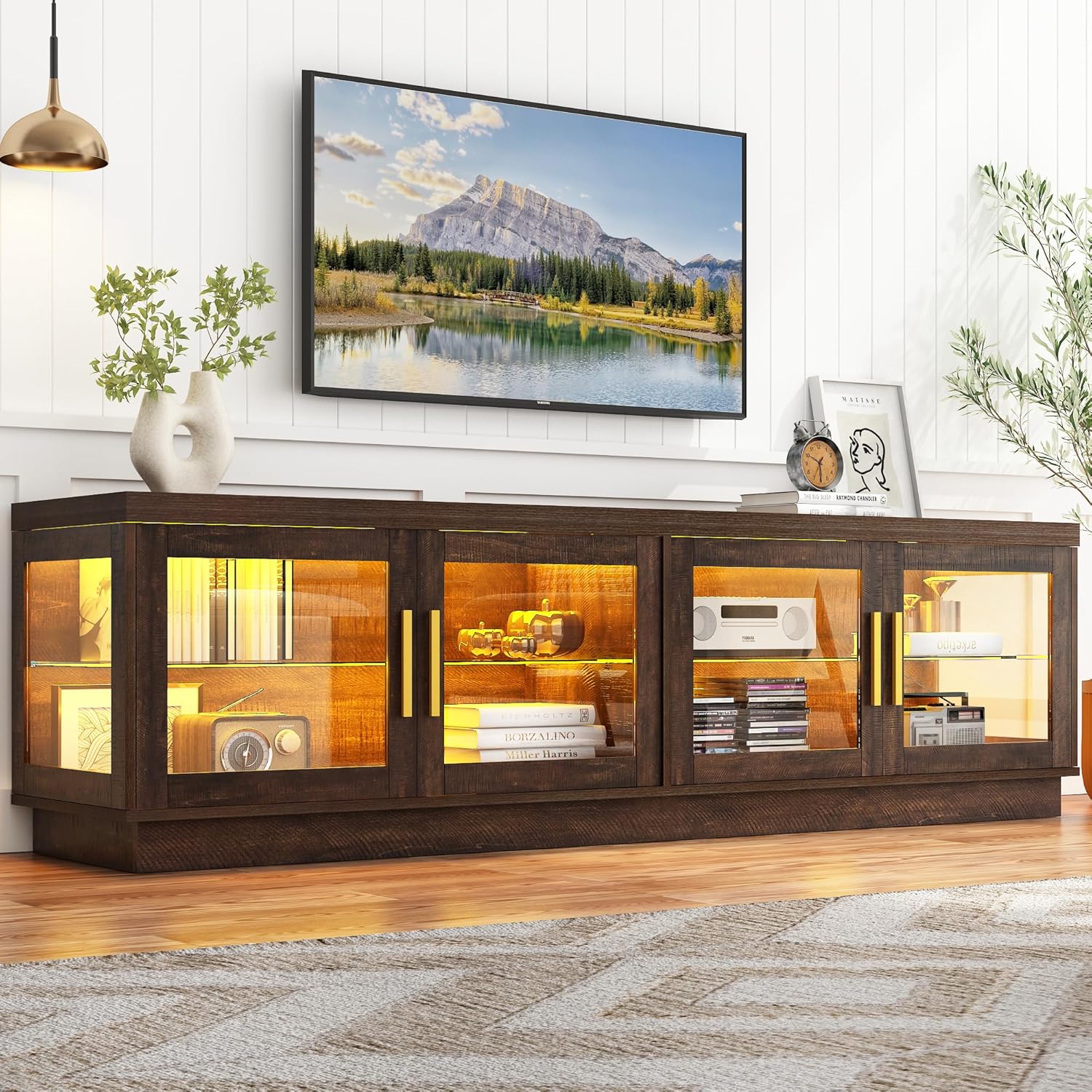 70IN LED TV Stand for 85/80/75 inch TV, Modern High Gloss TV Stand with Glass Display Storage Cabinet, TV Cabinet Entertainment Center Media Console for Living Room,Brown/Black 70IN LED TV Stand for 85/80/75 inch TV, Modern High Gloss TV Stand with Glass Display Storage Cabinet, TV Cabinet Entertainment Center Media Console for Living Room,Brown/Black