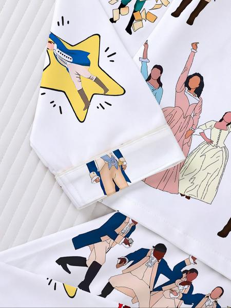 Hamilton Musical Print Women's Pajama Set, Long Sleeve Shirt Collar Button Soft Top & Elastic Pants, Casual Home Wear