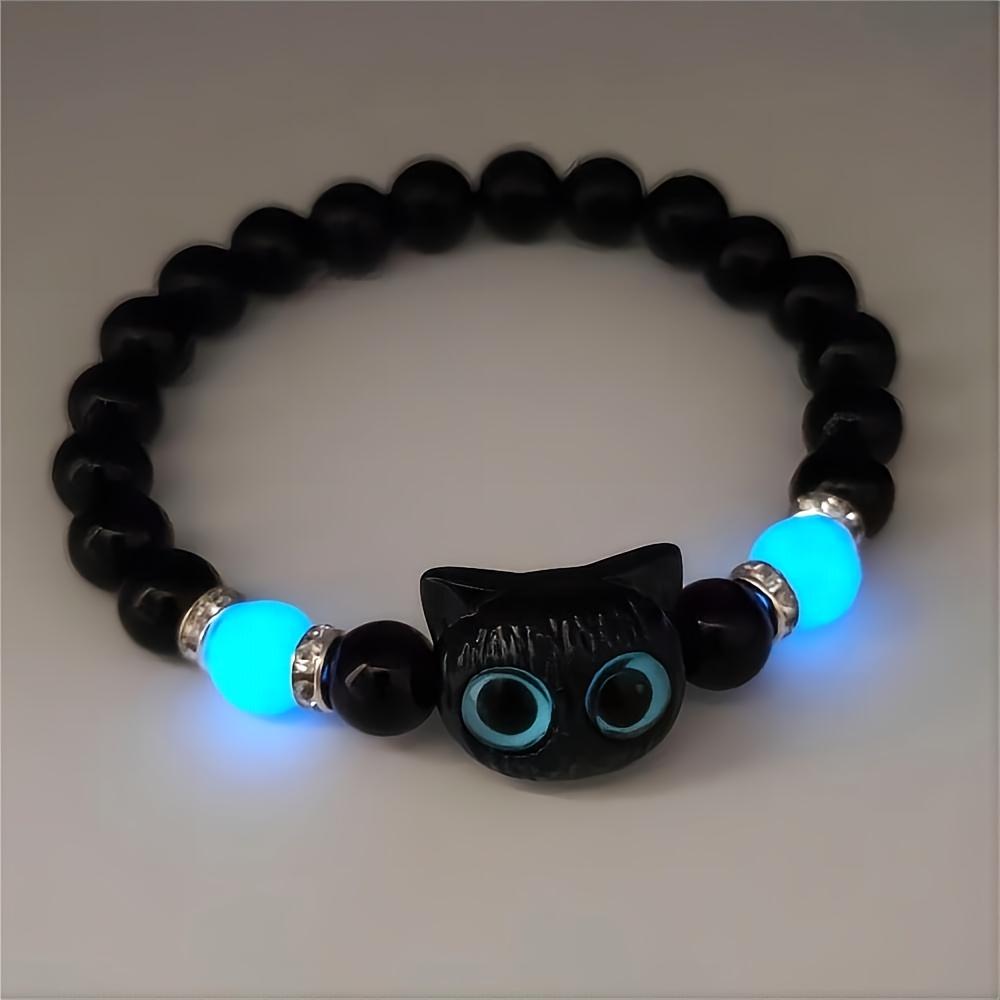 2pcs Luminous Cat Bracelet Set - Elastic Stretch Matching Beaded Jewelry for Couples, Besties & Sisters. Black & White Glow-in-the-Dark Animal Wristband for Halloween, Party & Daily Wear. Perfect Holiday Gift for Cat Lovers, Teens & Friends.