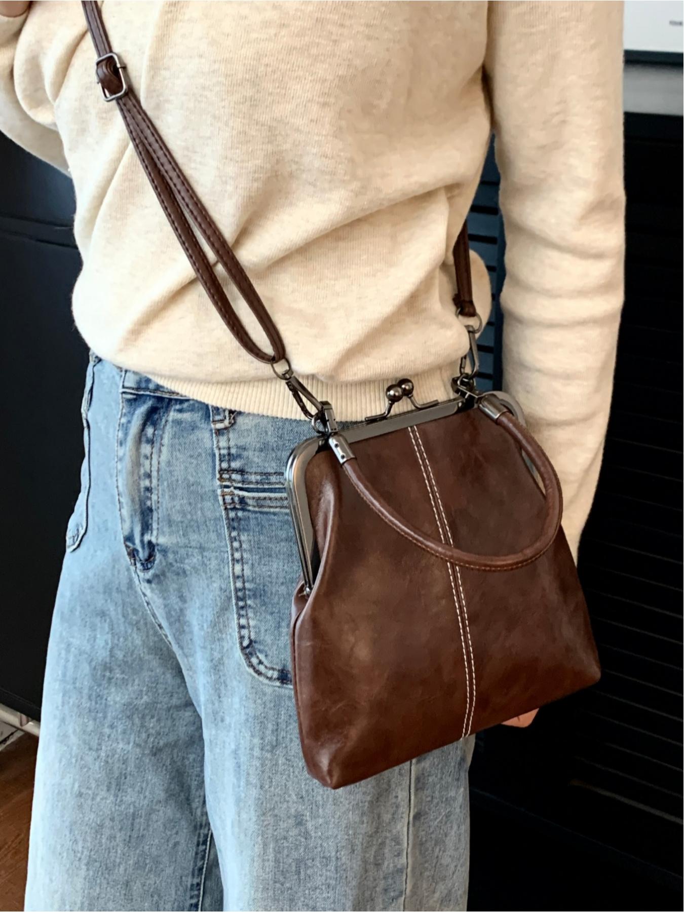 European and American style retro clasp purse, high-end waxed leather crossbody bag, niche design, suitable for parties, dinners, shopping, commuting, and everyday accessories, Lightweight Crossbody Bag, Fashionable Unique Bags
