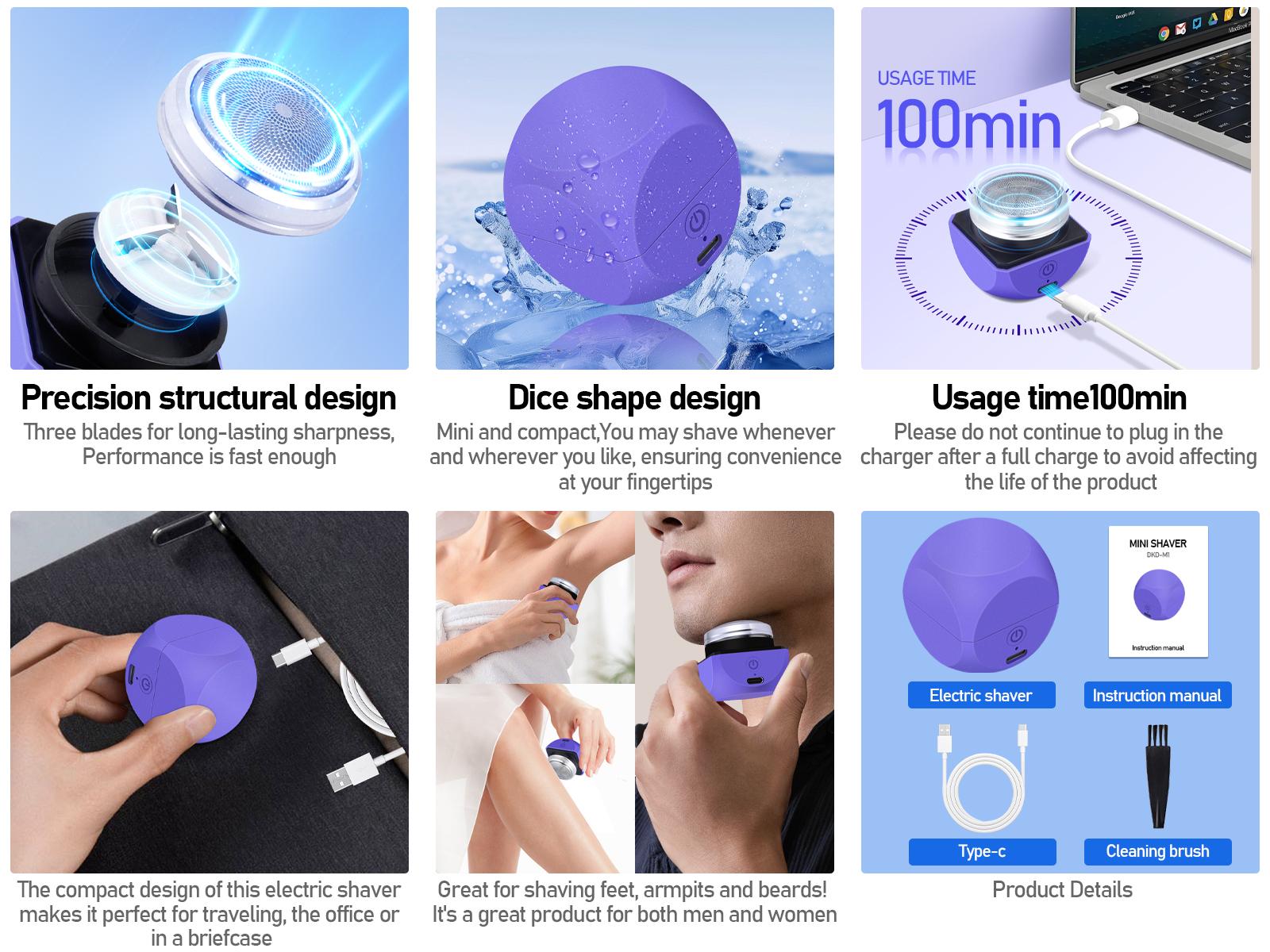 Mini Portable Electric Shaver for Men, Cube Travel Size, 56gLightweight USB Rechargeable, 100 Mins Runtime, ABSSkin-Friendly Face Trimmer Multifunctional Shaving Head
