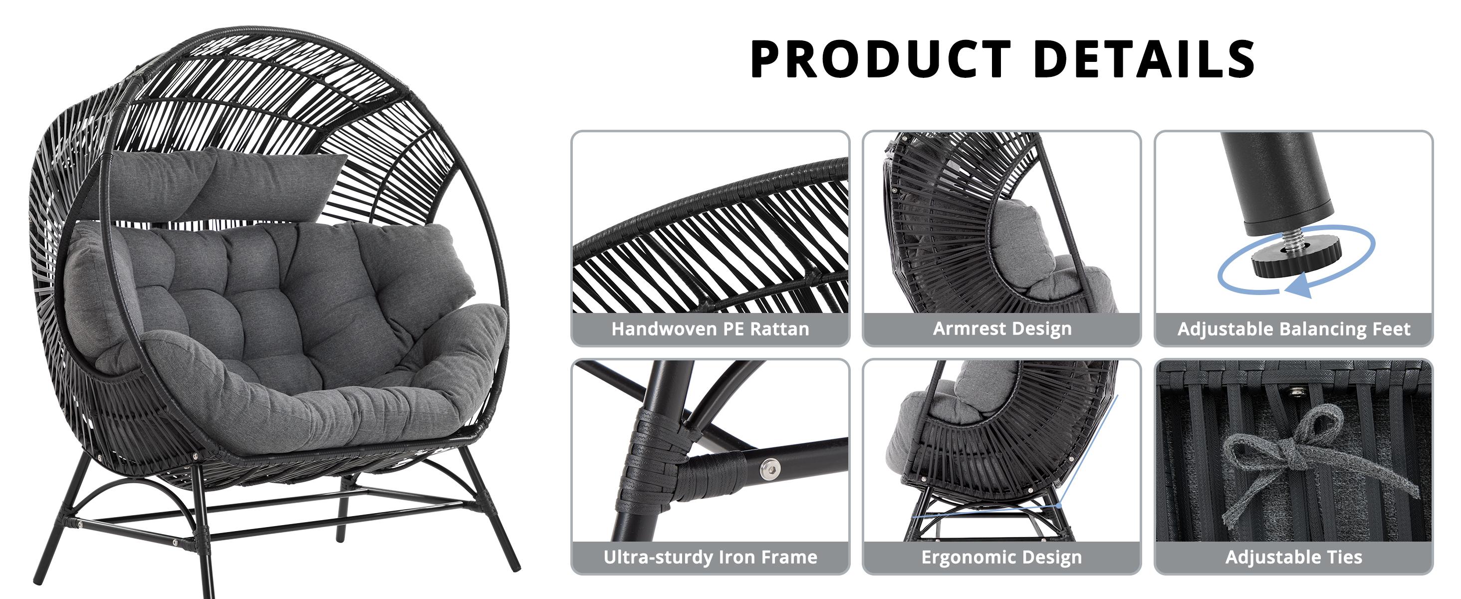 IRONCK Wicker Outdoor Egg Chair with Ottoman, Patio Lounge Chair with Footrest, Thickened Padded Cushion and Headrest, Egg Seat for Patio, Living Room, Garden, Balcony, Dark Gray