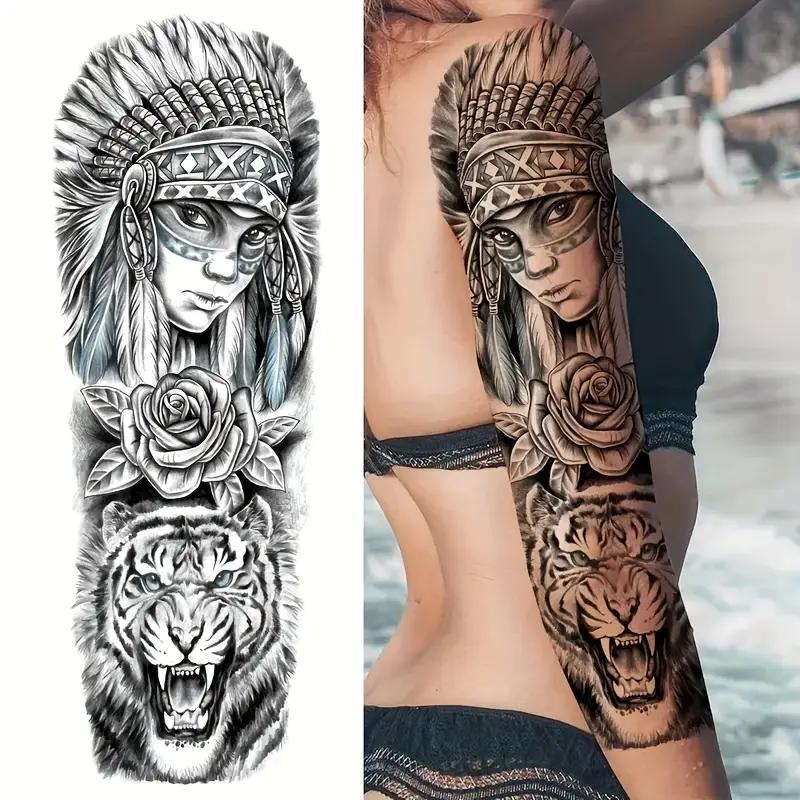 8 Sheets Full Arm Temporary Tattoo Stickers, Lion Tiger Wolf Skull Rose Watch Goddess Ship Pirate Compass Design, Waterproof Realistic Body Art, Sticker Tattoos