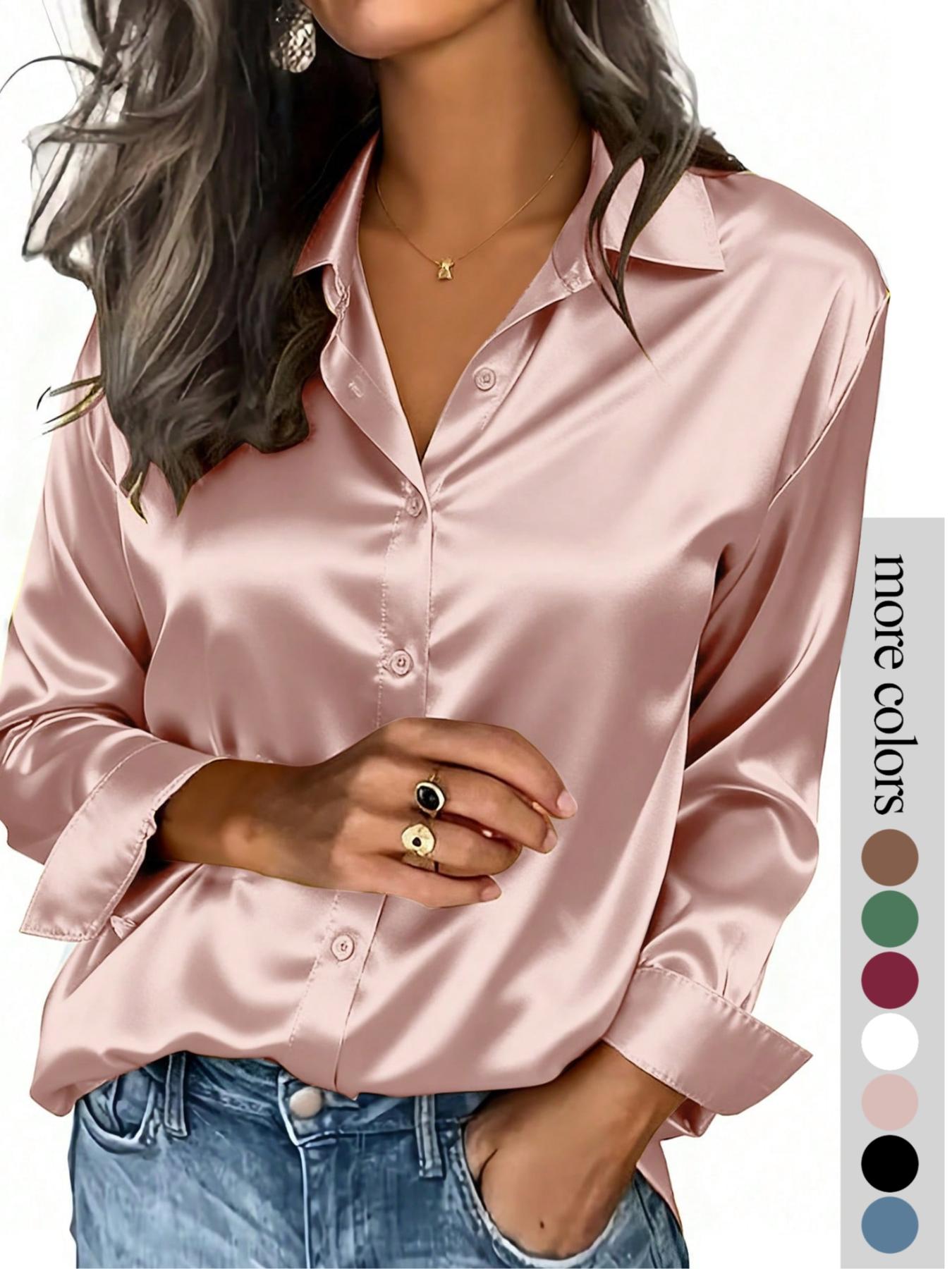 Women's solid color satin button-down long-sleeved casual shirt, made of fashionable silk fabric, suitable for casual office wear and commuting, and appropriate for both spring and autumn.