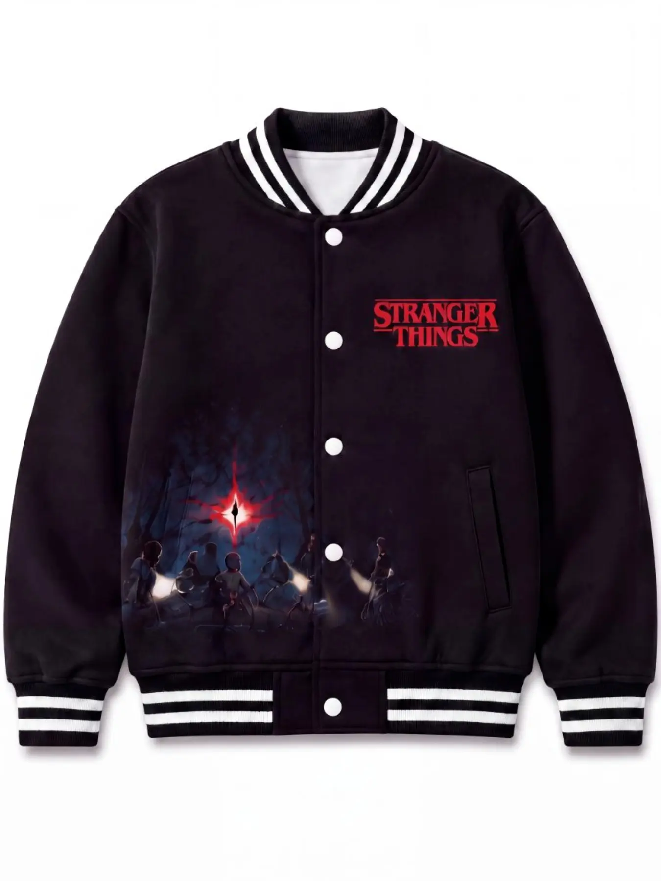 Stranger Things Kids Fleece Varsity Jacket, Hellfire Club Graphic Print Color‑Block Baseball Coat for Boys Girls 4‑14Y, Loose Warm Fall Winter Outerwear, Daily Casual Outfit, Halloween Cosplay, Christmas Themed Kids Clothing, Fan Holiday Gift