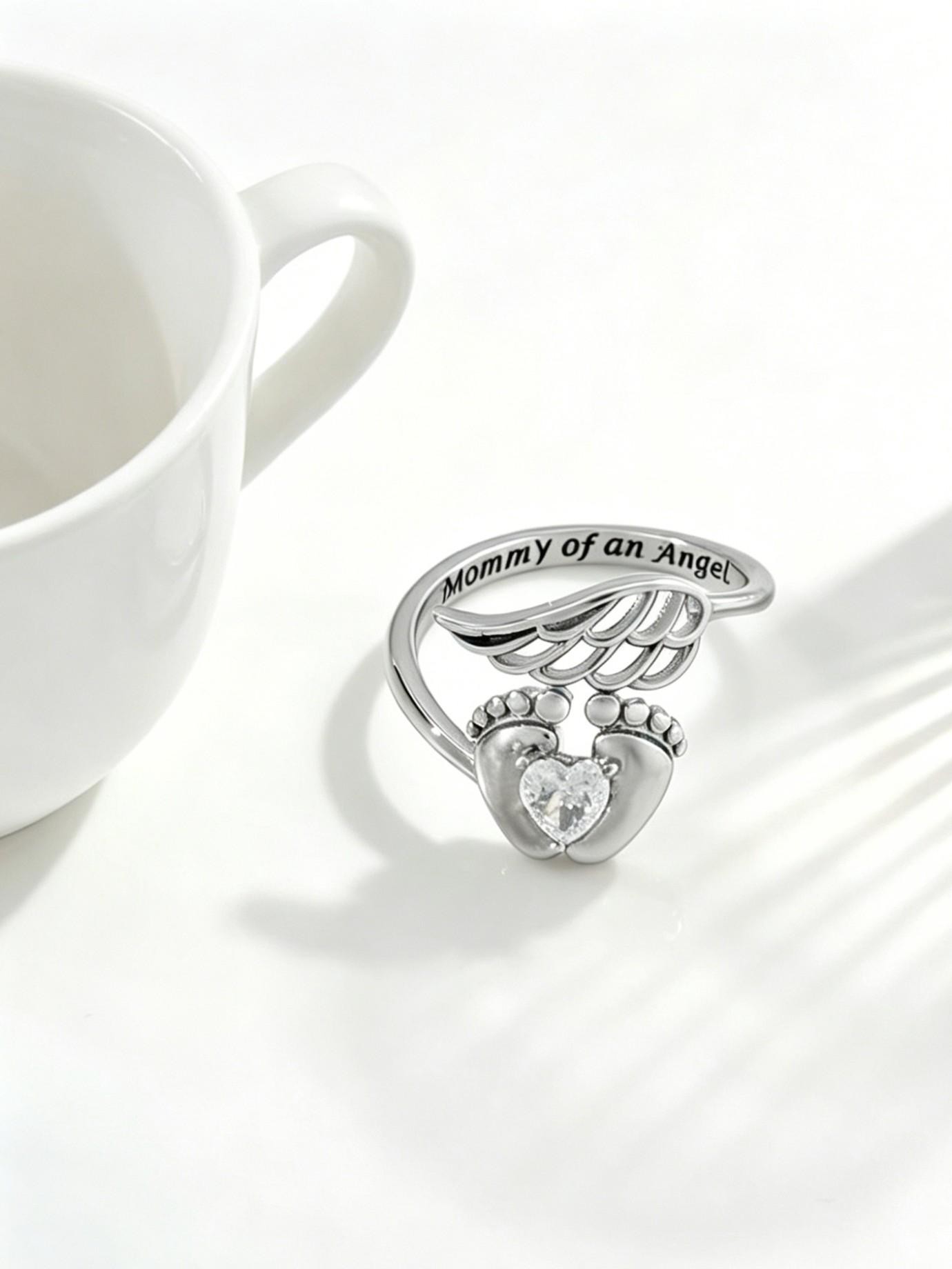 Angel Mom Memorial Jewelry Set, Baby Footprint Wings Bracelet and Ring, Comfort Gift for Loss of Child, Mother's Day Keepsake