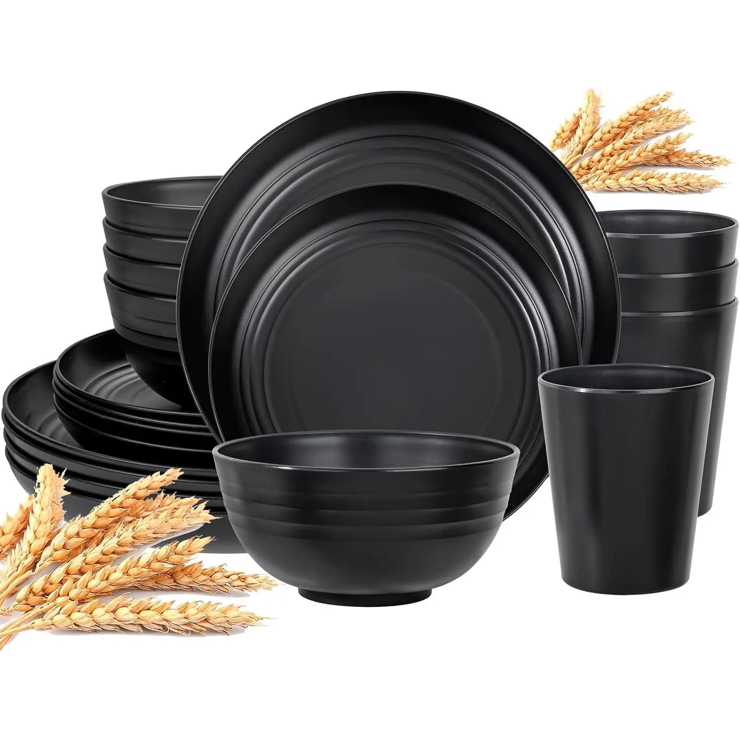 Black Plastic Wheat Straw Dnerware Sets Unbreakable Dner Plates for 4 Black Plates and Bowls Set clude Wheat Straw Plate Bowls Cups Dish Set for Kitchen&Campg