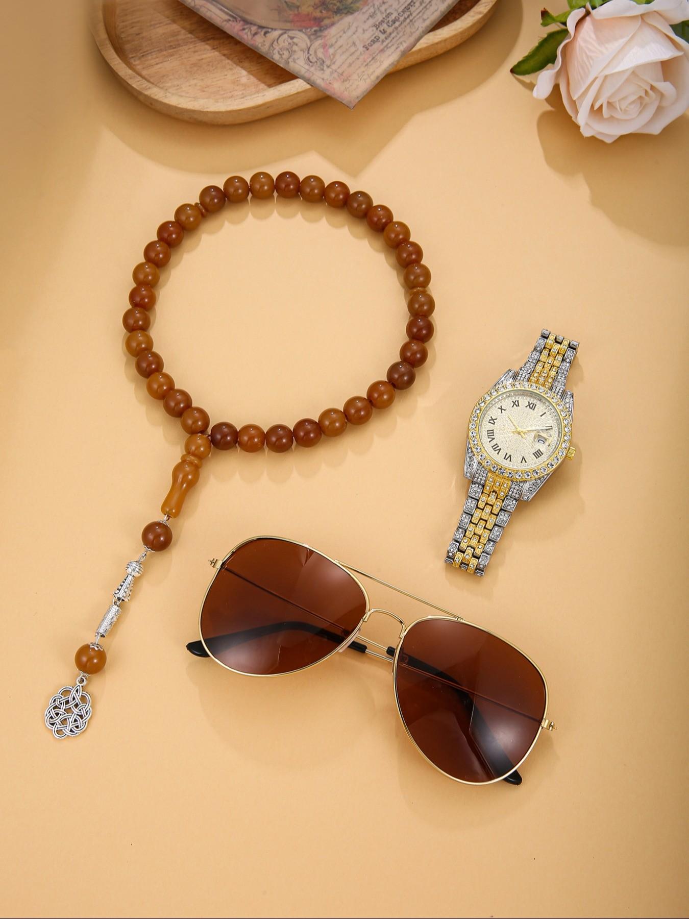 Stylish Men's Watch Set 3pcs, Includes Sunglasses and Beads, Perfect for Daily Use, Ideal Gift for Holidays and Special Occasions