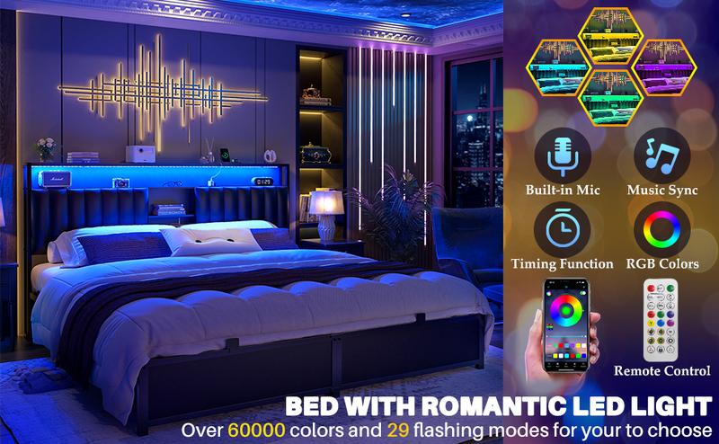 Aheaplus Bed Frame with Bookcase Headboard and LED Light,Upholstered Platform LED Bed Frame with Charging Station, USB Ports,No Box Spring Needed,Easy Assembly and Noise Free