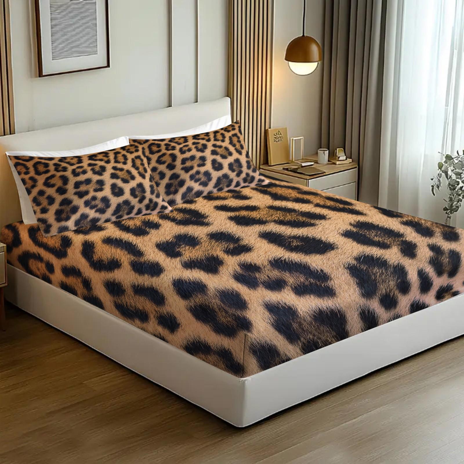 3pcs Leopard Print Fitted Sheet Set, Faux Fur Look Leopard Bed Sheet Set, Soft Microfiber Bedding Set (No Filler), Luxury Wild Animal Print Decor for Kids Boys Girls Bedroom & Dorm Room