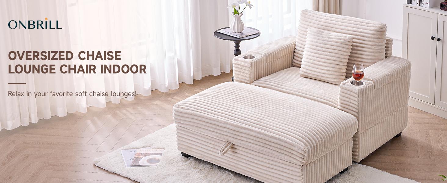 【SPOTLIGHT DAY】ONBRILL Corduroy Oversized Chair with Ottoman, 44" Wide Armchair with Cup Holders & USB Port, Reading Chair w/Storage Armrest, Easy Assembly, Comfy Single Sofa Bed for Living Room, Apartment