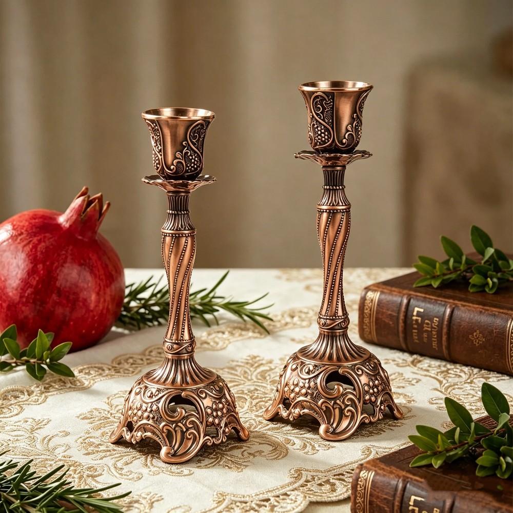 2 Piece vintage red bronze Candle Holders, 7.4 Inch European Vintage Metal, Sunfiower Pattern, Ideal for Shabbat, Wedding, Christmas,Halloween, Elegant Home Decor