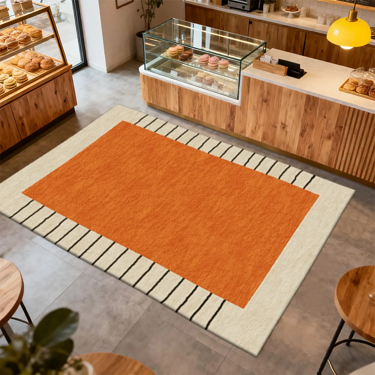 2D digital printing, exquisite commercial-style carpet with orange rectangular pattern, commercial anti-slip mat, entrance mat, welcome mat, suitable for studios, exhibition halls, cafes, dessert shops, shopping malls, supermarkets, restaurants, offices,