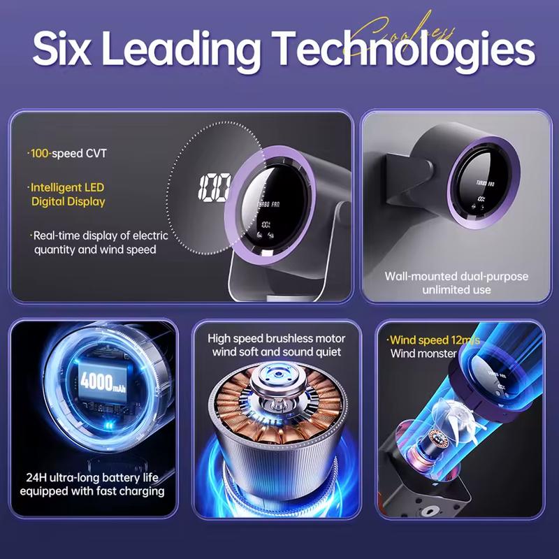 USB Charging Fan with Digital Display, 100-Speed Turbo Powerful Fan, Adjustable and Portable Desktop Hanging Fan, Strong Wind Cooling for Summer, Suitable for Home, Kitchen, Bathroom, Office, Outdoor Camping