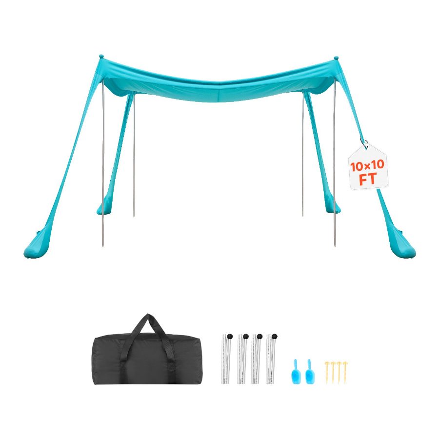 VEVOR Beach Tent Sun Shelter, UPF50+ Sun Protection, 6.6 ft Tall, 10x 10 ft, Easy Pop Up Beach Canopy with Sandbags, Stability Poles, Sand Shovels, Portable Shade for Family Outings, Camping, Fishing