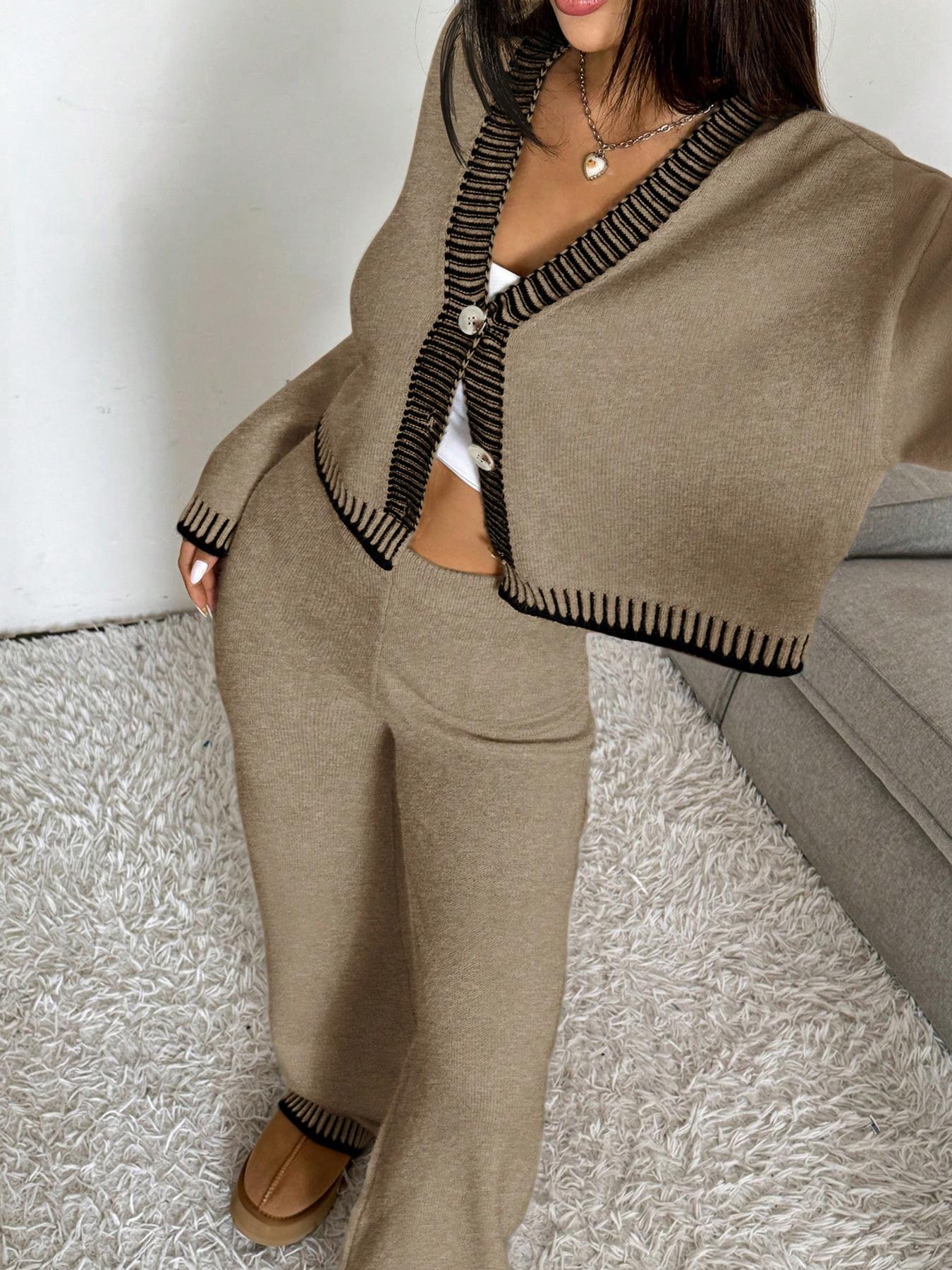 Women's V-Neck Colorblock Sweater Set, Casual Loose-Fit Crop Top & High-Waist Wide Leg Pants, Fall Winter Knitted Set, Womenswear