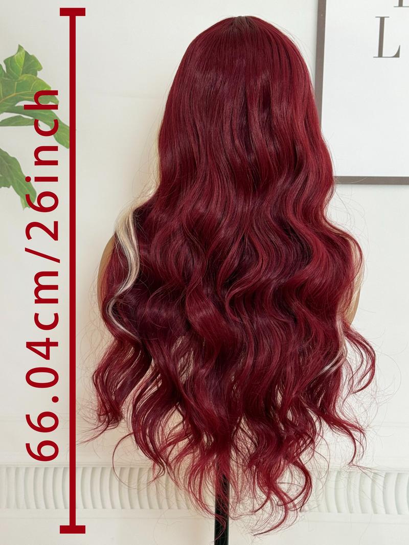 26 Inch Burgundy Red with Cream Blonde Highlights - Silky Body Wave Heat Resistant Fiber Wig Natural Hairline Red Highlight Wig