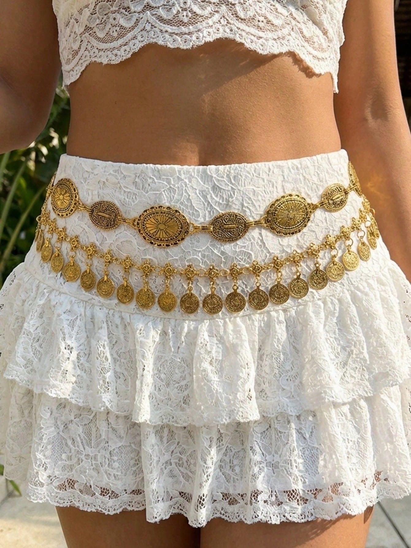 2 Pcs Boho Ethnic Metal Chain Coin Fringe Waist Belt, Unique High-End Women's Skirt Accessory, Waist Decorative Belt Gift