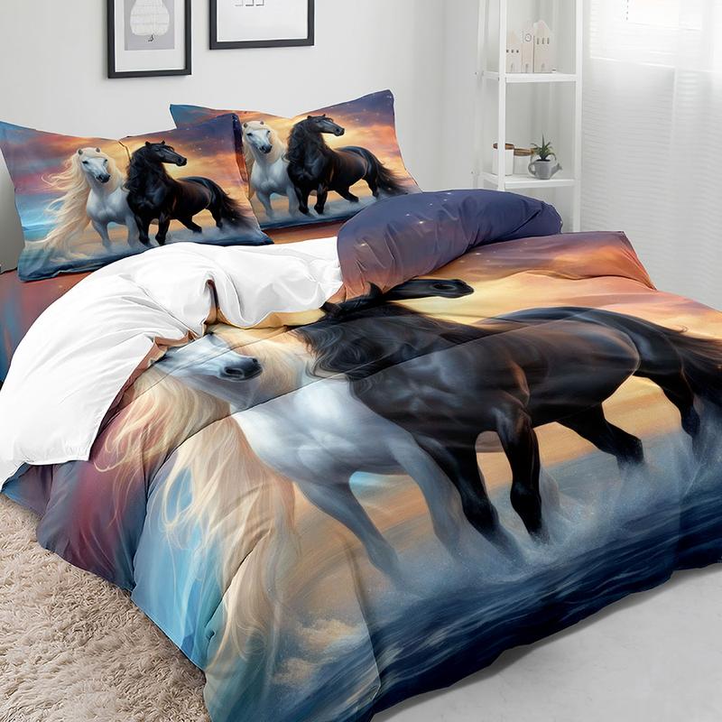 3-Piece High-Definition Digital Print Horse Comforter Set, Includes 1 Fitted Sheet + 2 Pillowcases, Soft Polyester Fabric, Home Use