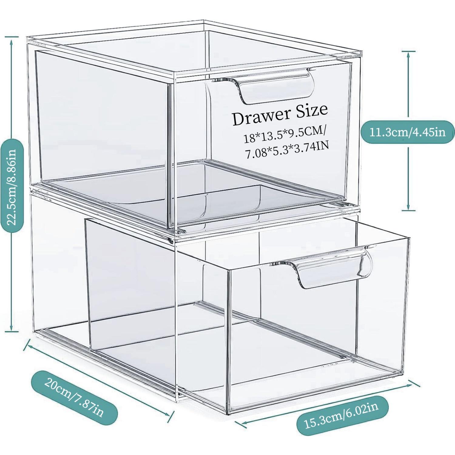 2 Pack Large Stackable Storage Drawers,Easily Assemble Acrylic Bathroom Closet Undersink Organizers and Storage,Acrylic Bins for Kitchen Cabinets,Pantry,Makeup,Medicine Organization, Clear Storage Box
