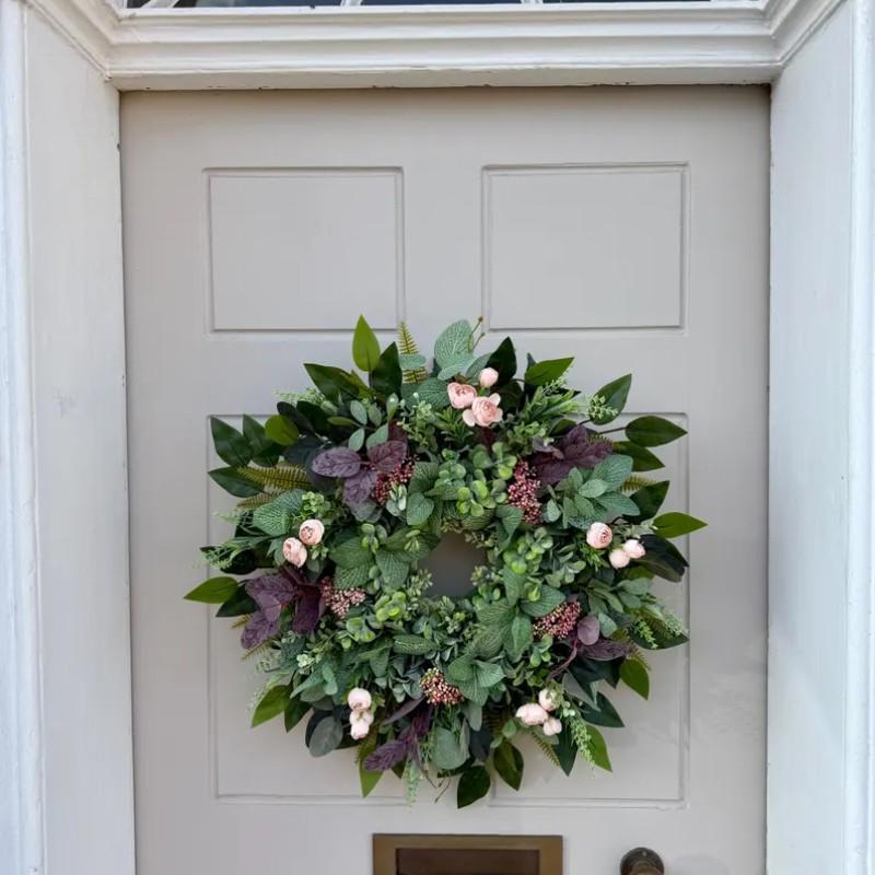 Summer Greenery Wreath with Berries and Fern Leaves, Handmade Farmhouse Door Wreath, Indoor Outdoor Wall Window Decor, All-Season Hanging Decoration