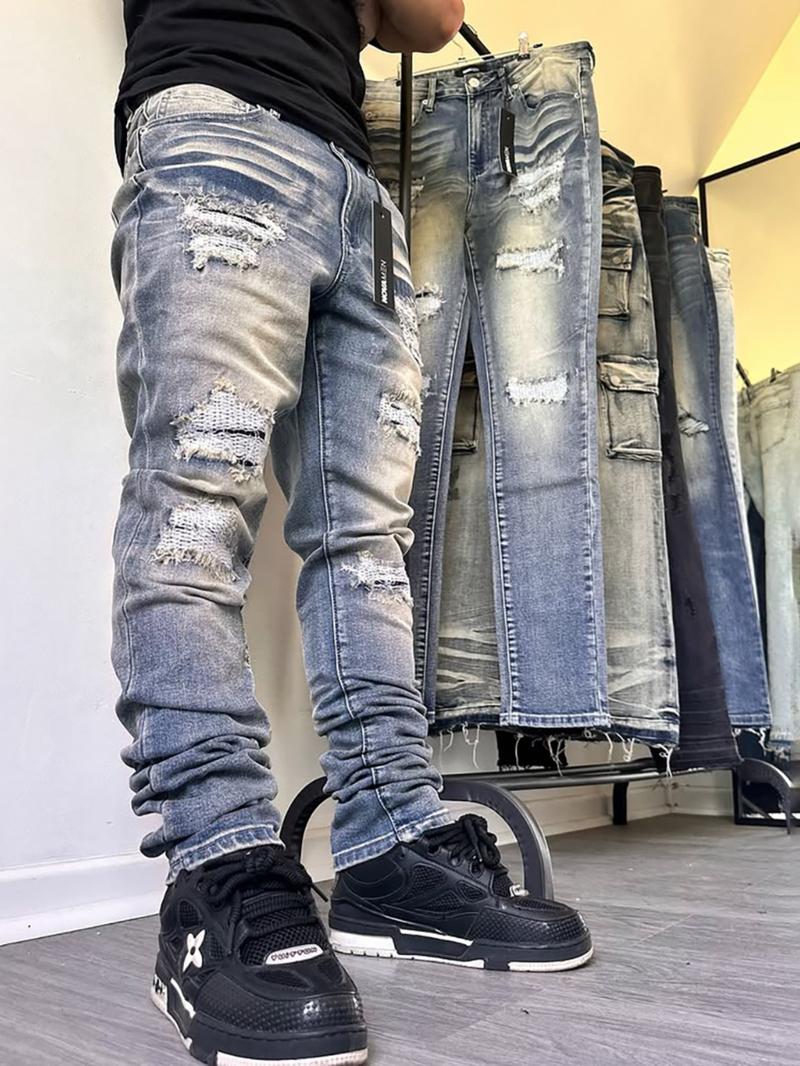Men's High Street Fashion Jeans, Tight-Fitting Washed Denim Jeans, Versatile Street Style, Essential Clothing for Men, Ripped Jeans