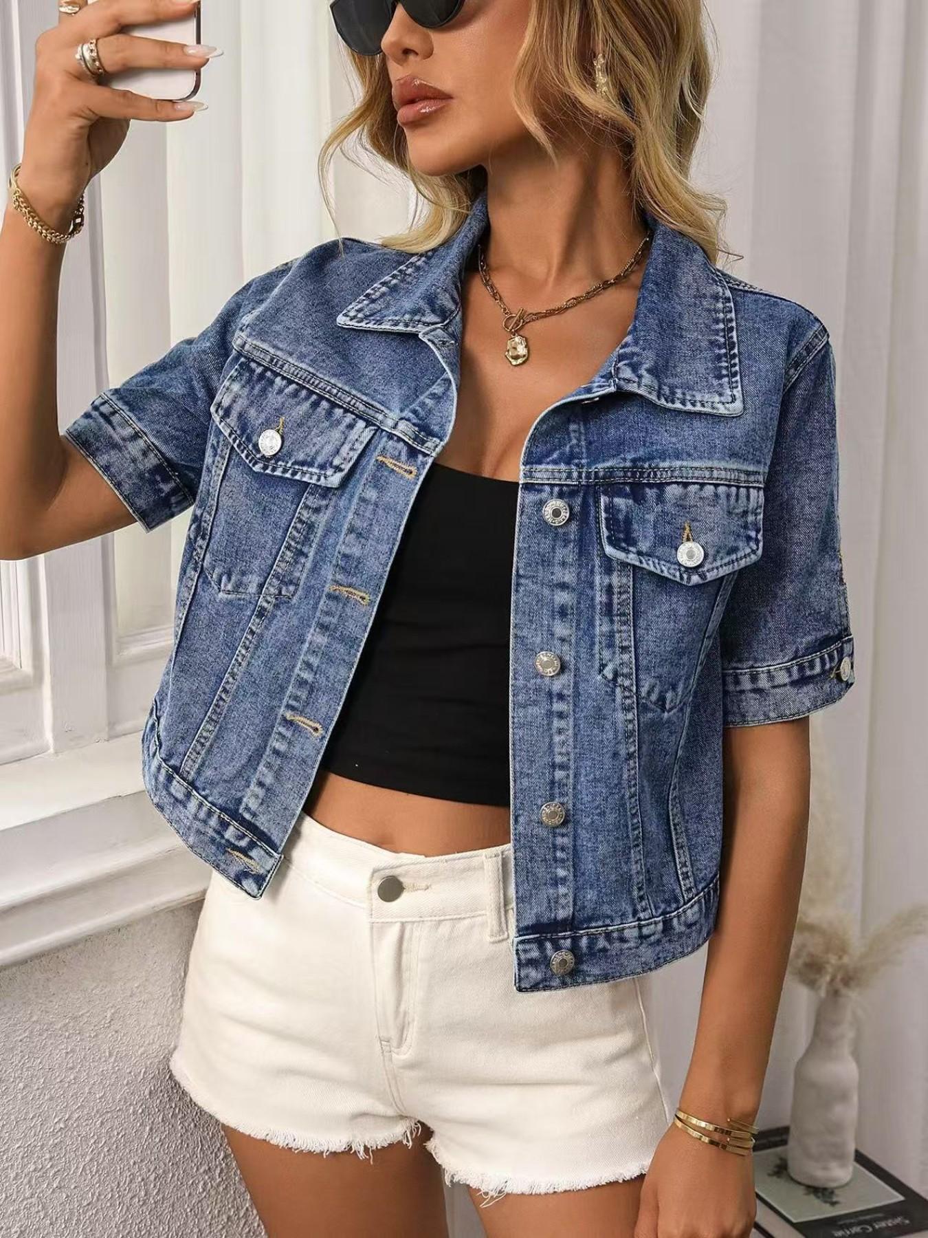 Women's Classic Short Sleeve Denim Jacket, Casual Single Button Short Denim Collar Top, Summer Outerwear, Loose-Fitting