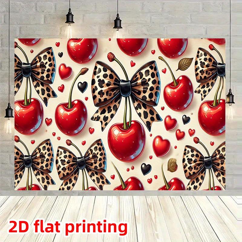 1 oversized wall decoration banner, Party Decorations Banners, featuring a red cherry and bow pattern with red, pink, black, white leopard print design, all-season party backdrop, suitable for home, studio, birthdays, weddings