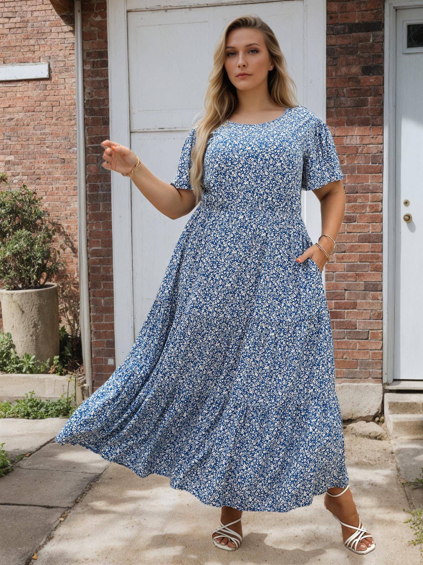 Women's Ditsy Floral Print A Line Dress, Boho Fashion Casual Plus Size Short Sleeve Dress for Daily Wear, Women Clothing, Womenswear, Summer Boho Clothes Women