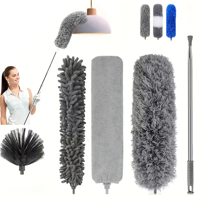 5-Piece Microfiber Dust Brush With Extension Rod, Synthetic Feather Duster Set For Home Cleaning, Flexible Cobweb Duster With Extension Rod, 30-100 Inches, For Cleaning From Floor to Ceiling.