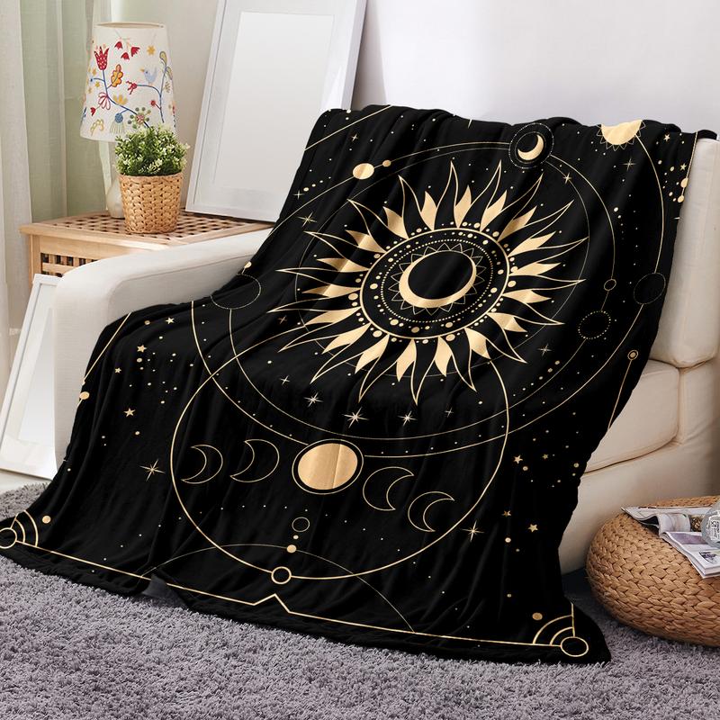 Bedroom Decor Home Blankets, Sun & Moon Pattern Flannel Blanket, Soft Throw Blanket for Sofa, Bed, Air-conditioned Room, Travel, Camping, Office, Room Essentials, Summer Essentials, Bedroom Accessories, Gift Ideas