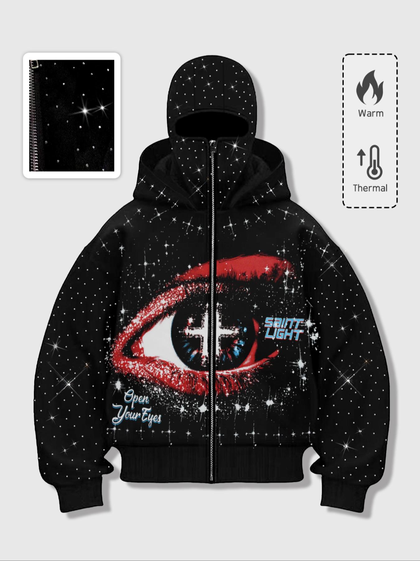 Eye print two hats zipper cardigan men's hoodie, Graphic hoodies, sleeve hat hot rhinestone, sparkling starry sky unisex hoodie European and American street jacket, autumn and winter plus velvet hoodie Instagram style