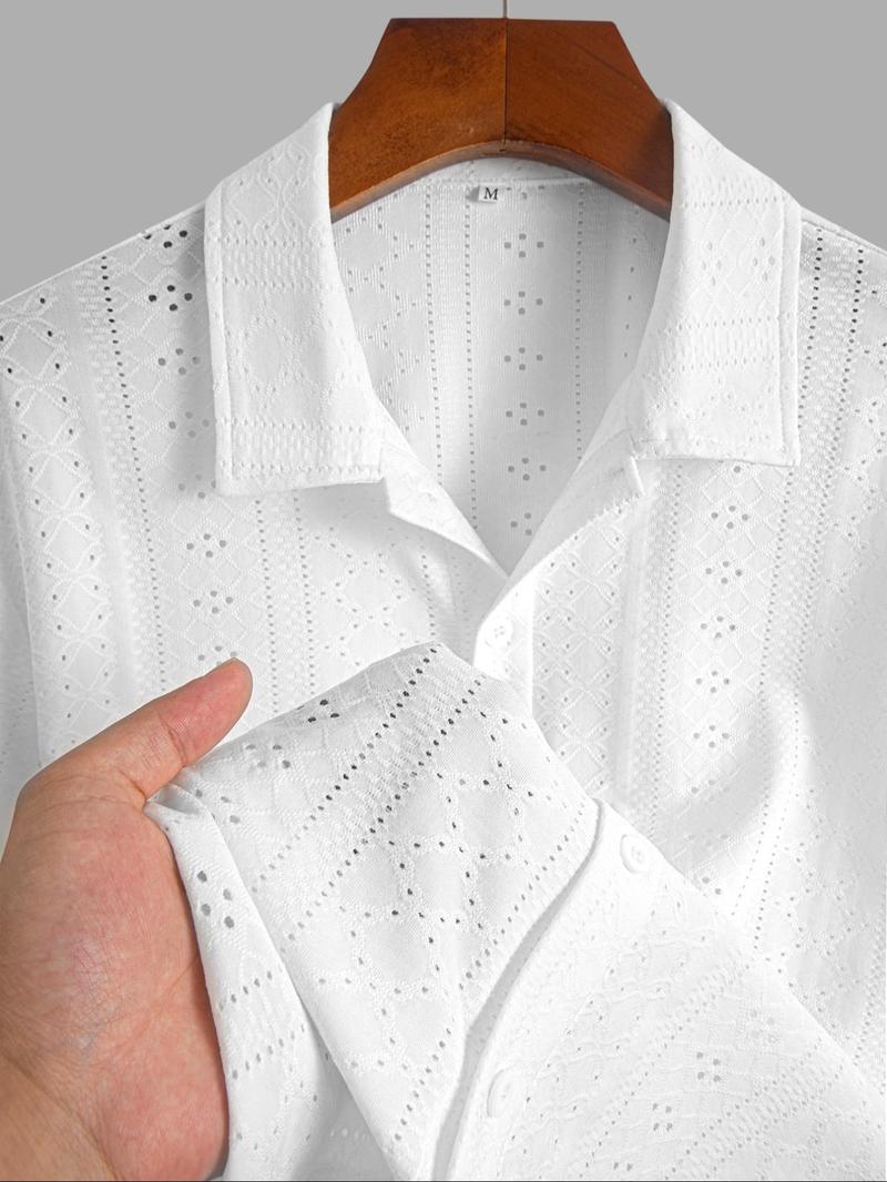 Men's Plain Hollow Out Short Sleeve Button Down Shirt, Regular Fit Casual Solid Shirt Collared Top for Summer, Fashion Men's Clothes for Daily Wear, Menswear, Casual Everyday Wear, Casual Trendy Shirt