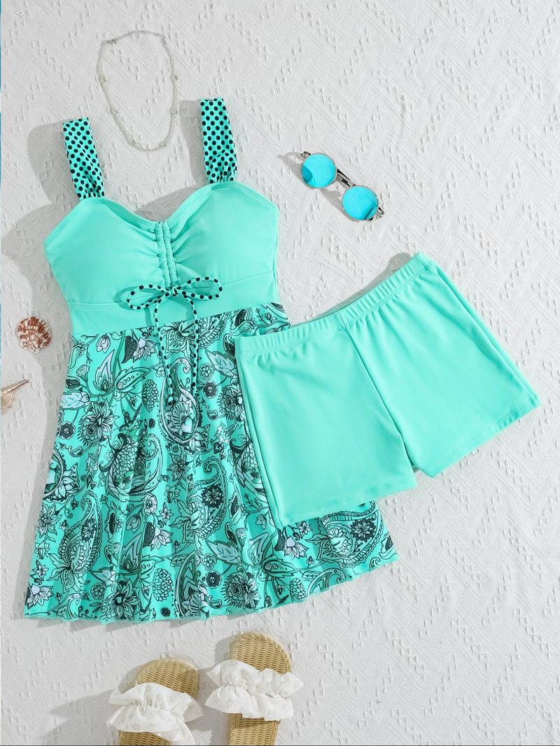 New Women's Sexy Printed Skirt Style V Neck Tankini Swimsuit Set, Floral Knitted Design for All Seasons, Tight-Fitting Swimwear for Women