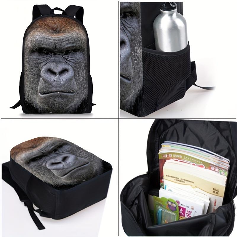 Wild Vibe 3-Piece School Backpack Set - Oxford Cloth, Adjustable Straps, Ultra-Realistic Silverback Gorilla Print on Black Background, Includes Lunch Bag & Cosmetic Bag, for Young Animal Lovers, Ideal for School/Outdoor Use