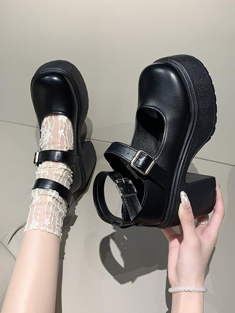 Women's Solid Color Round Toe Platform Chunky Heel Shoes, Classic Casual Comfortable Buckle Pu Leather Mary Jane Shoes for Daily Wear, Lightweight Breathable Shoes for Daily Wear, Students and Outdoor