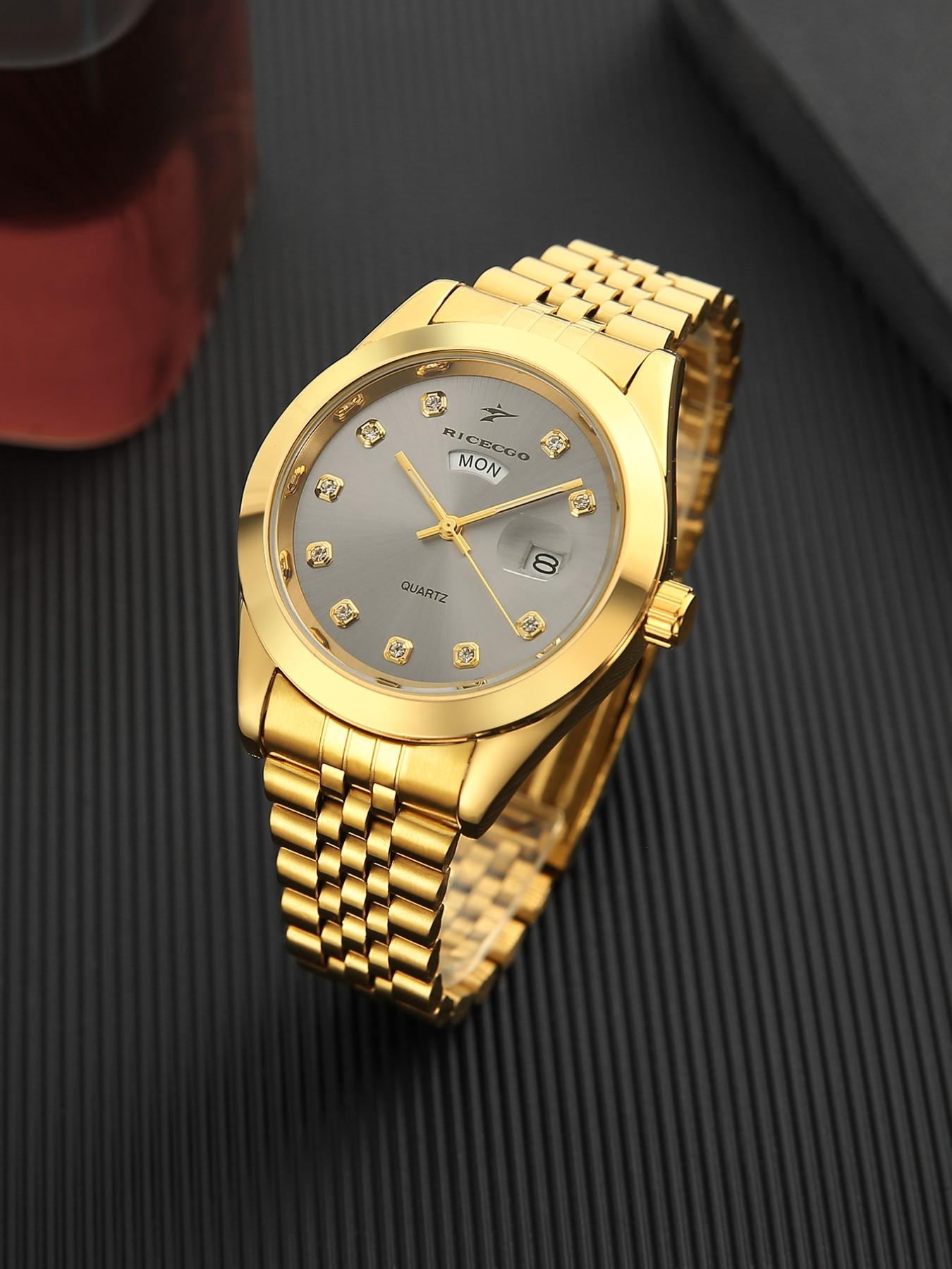 RICECGO Men's Quartz Watch Luxurious solid gold finish Elegant Round Dial Diamond-set hour markers sparkle with eye-catching brilliance Features day and date display Exudes prestige for business gifts Limited-time offer—act fast before it's gone