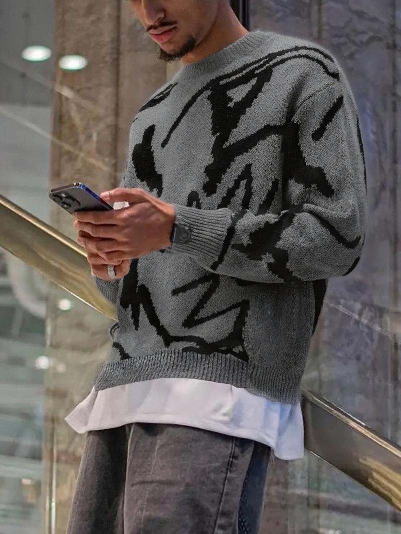 Men's Geometric Print Drop-Shoulder Sweater Pullover, Casual Street Comfy Long Sleeve Round Neck Jumper for Fall & Winter, Men's Knitwear for Daily Wear Men's Geometric Print Drop-Shoulder Sweater Pullover, Casual Street Comfy Long Sleeve Round Neck Jumper for Fall & Winter, Men's Knitwear for Daily Wear